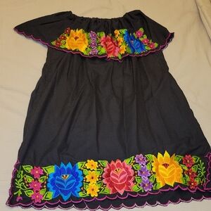 Floral Embroidered Womens Dress - Black with Multicolor Accents Off Shoulder